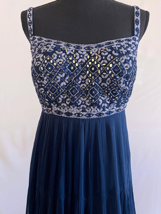 Navy Mirrorwork Evening Gown