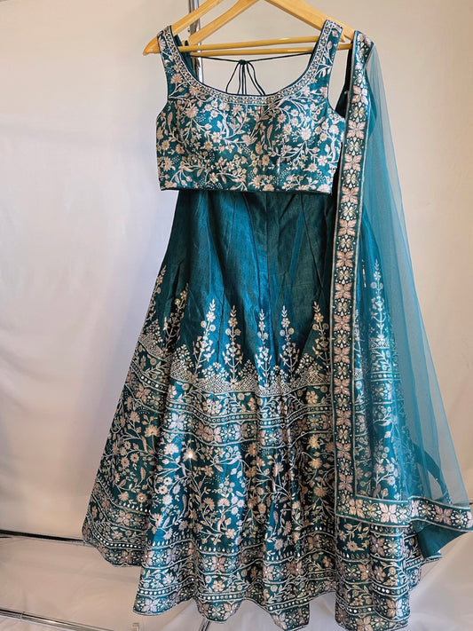 Teal  Stonework  Print  Lehenga